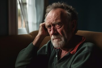 Fototapeta premium Portrait of a worried senior man sitting on sofa at home