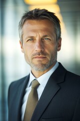 Fototapeta premium A portrait of a serious businessman in a suit, captured in natural lighting. Ideal for professional and corporate visuals.