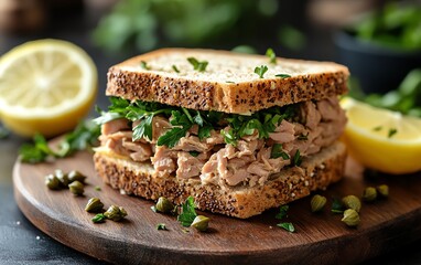 Rustic wooden board with a savory tuna sandwich, garnished with capers, lemon, and fresh herbs, a visual feast celebrating healthy homemade meals and culinary delight