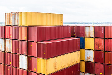Fototapeta premium Containers with cargo loaded on deck of the cargo container ship.