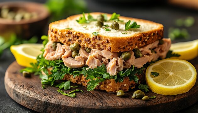 Beautifully arranged tuna sandwich with fresh herbs, lemon slices, and capers on a rustic wooden board, perfect for promoting culinary artistry and wholesome, homemade meals