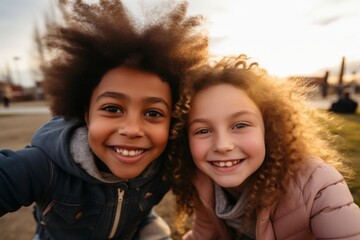Fototapeta premium Smiling group portrait of diverse kids taking selfie in the city
