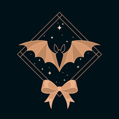 Nietoperz, nocne niebo w gwiazdy i kokarda. Ilustracja na Halloween. © Monika