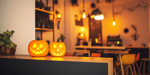Minimalist Coffee Shop with Halloween Jack-o-Lanterns: Soft lighting and cobwebs add a subtle spooky vibe