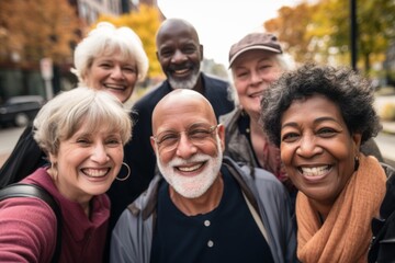 Obraz premium Smiling group portrait of diverse seniors taking selfie in the city