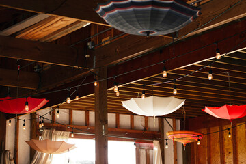 Artistic Ceiling Decor With Umbrellas And String Lights.