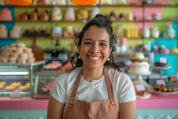 Smiling portrait of a Hispanic woman worker in dessert bar