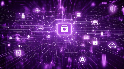 Obraz premium A purple background with many different electronic devices, including a cell phone, a laptop, and a tablet