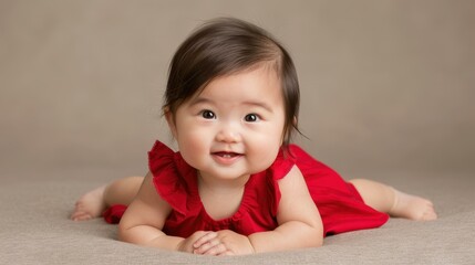 Adorable Asian baby in a red dress smiles playfully at the camera, set against a warm brown studio backdrop.