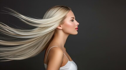 Fototapeta premium Captivating portrait of a young woman with elegant, flowing long hair, set against a dark, dramatic background.