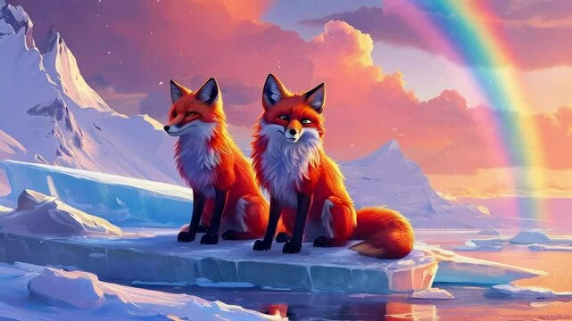 Rainbow Foxes Guard the Ice Land