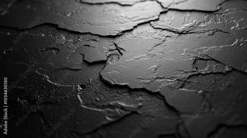 Poster Close-up view of a textured black surface showcasing intricate cracks illuminated by soft light, revealing the unique patterns of the material.