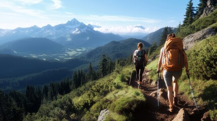 Fototapeta premium Hikers navigating a scenic mountain trail with lush greenery and distant peaks on a sunny day in the wilderness