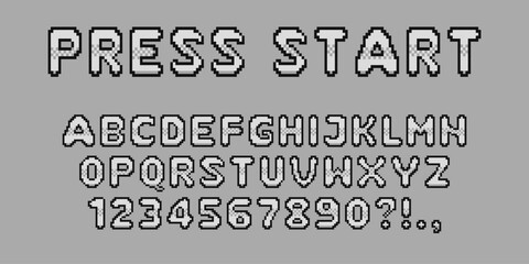Pixel video game font. 8-bit symbols, letters and numbers. Oldschool retro nostalgic typeface.
