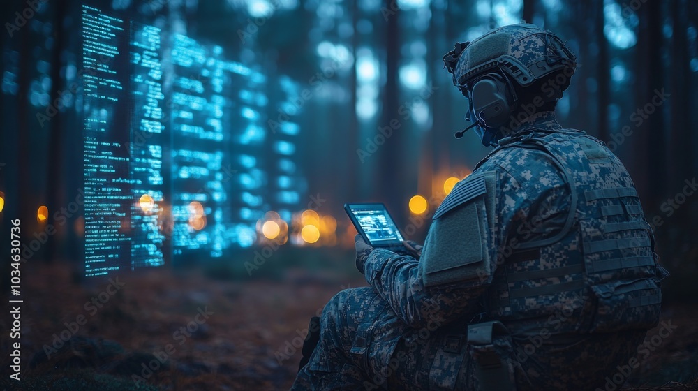 Fototapete A soldier sits in a dense forest during dusk, focused on a tablet while analyzing projected data. The environment is illuminated by soft lights, creating a high-tech atmosphere.