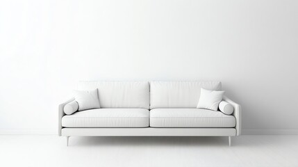 Obraz premium A white sofa with two pillows in front of a white wall in a minimalist living room.