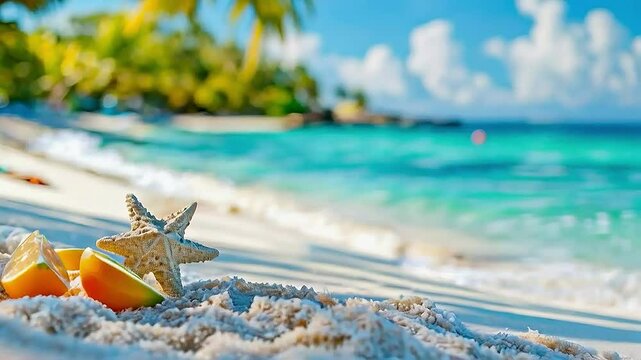 a starfish  and  a shell  on  a beach