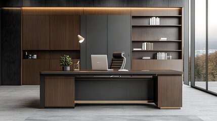 5. A minimalistic office desk with a laptop and a clear area for a product