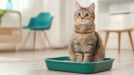 A curious cat lounges comfortably on its litter box, surrounded by a soft, blurred backdrop that highlights its playful nature.