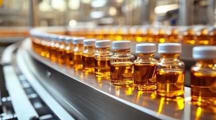 Clear and amber precision vials neatly aligned on a conveyor belt in a clean pharmaceutical manufacturing facility.