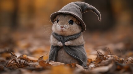 Obraz premium A charming chinchilla dons a witch hat and cloak, casting adorable tiny spells in a clean, magical space.