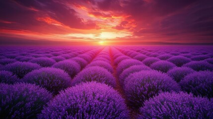 Fototapeta premium Breathtaking lavender fields glow at sunset, painting the sky with hues of purple and creating a serene landscape.