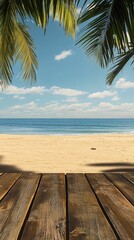 A wooden deck overlooking a tropical beach with palm trees and a clear blue sky.