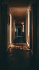 Obraz premium Long dark hallway leading to mystery in abandoned building