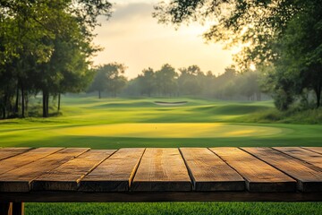 Wooden table with green golf course in background at sunset.