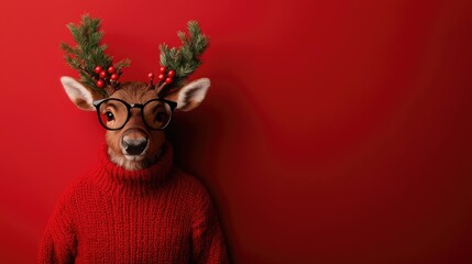 Christmas Background, Festive reindeer wearing glasses and a sweater against a red background.