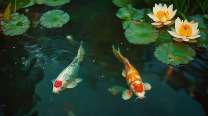 Two colorful Koi fish swim in a pond with water lilies.