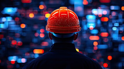 Worker in an orange hard hat, observing digital data visualization at night.