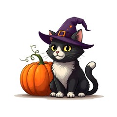 Enchanting Black Cat with Witch Hat and Pumpkin Companion