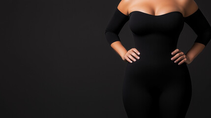 Fototapeta premium Woman wearing a form-fitting black bodysuit posing with hands on hips minimal fashion concept 
