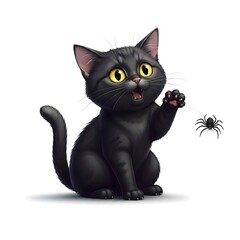 Obraz premium Playful black cat encounters tiny spider - vibrant illustration