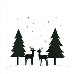 Naklejka premium Minimalist black and white illustration of two deer standing between trees under a starry sky 