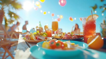 Fototapeta premium Enjoy a vibrant summer feast spread across a table under the sun. Colorful drinks and fresh dishes set the perfect mood for a joyful outdoor gathering.