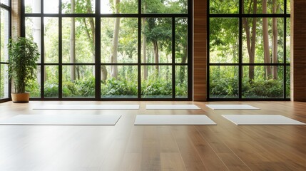 Spacious yoga studio with mats on wooden floor surrounded by large windows and green trees in a serene setting