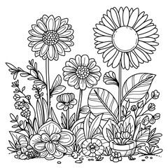Floral drawing. High detail of art coloring page. Black and white illustration. Fit for coloring book, cover, background, element, poster, banner. Vector Eps 10.