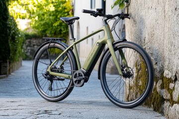 Fototapeta premium A minimalist ash green bicycle, parked next to an old stone wall in a European alley