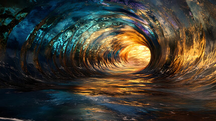 A tunnel with flowing liquid-like textures, shimmering with iridescent hues