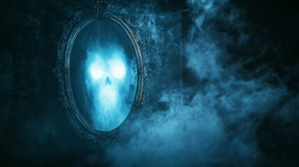 Eerie skull reflection in an antique mirror shrouded in misty blue fog.
