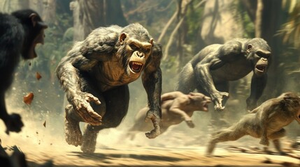 Chimpanzees Running Through Jungle