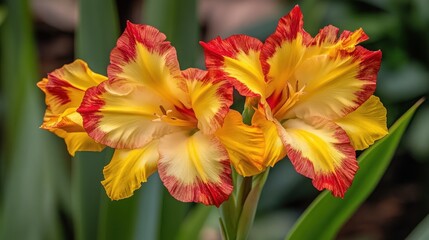 Three yellow and red gladiolus flowers with green leaves in the background.