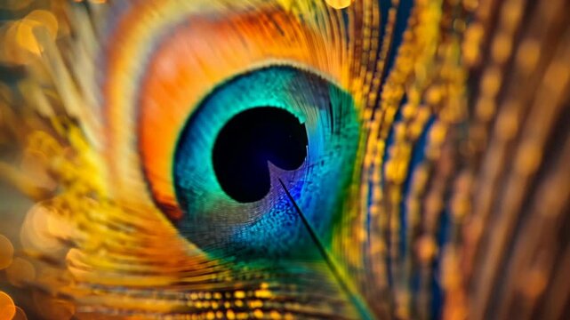 A close-up view of a peacock feather, showcasing its vibrant colors and intricate pattern