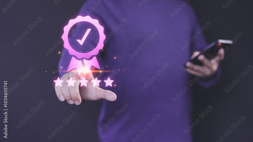 Aufkleber person interacts with a digital five-star rating interface, symbolizing high-quality service. a chec