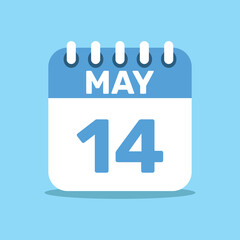 calendar May 14 blue color icon, paper planning design.