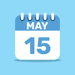 calendar May 15 blue color icon, paper planning design.