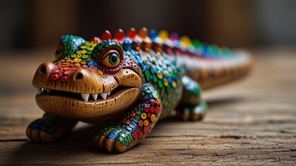 A colorful ceramic alligator figurine with a toothy grin, lying on a weathered wooden surface.