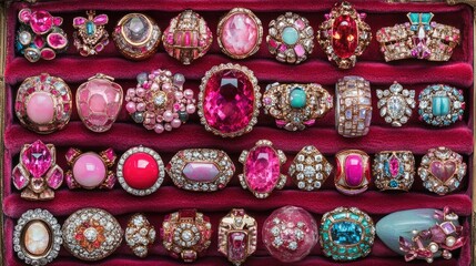 Vibrant Collection of Vintage Jewelry Rings Displayed